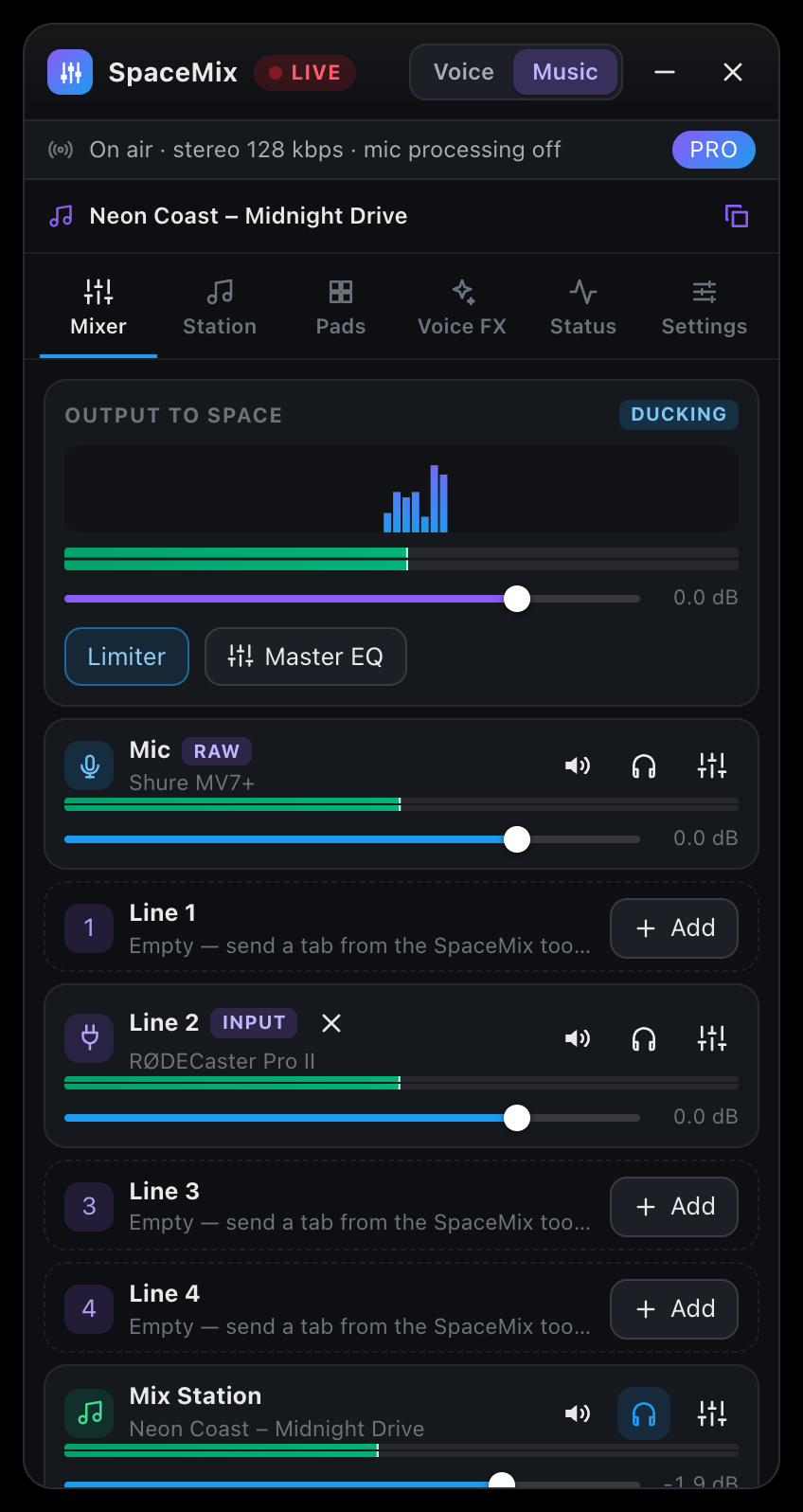 The SpaceMix mixer on x.com: output meters, microphone, lines, Mix Station and soundboard