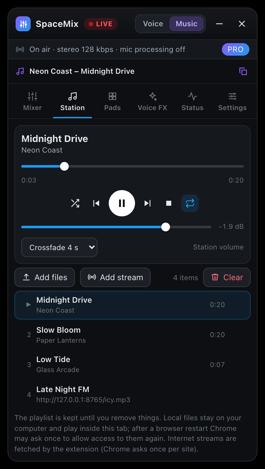 The Mix Station playlist with local files and an internet radio stream