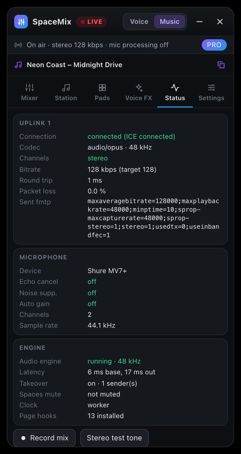 The Status tab showing stereo Opus at 128 kbps with mic processing off
